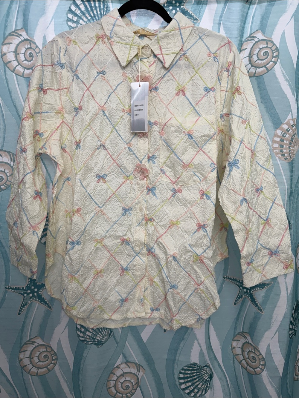 Cream Textured Button-Up Shirt with Pastel Bow Grid